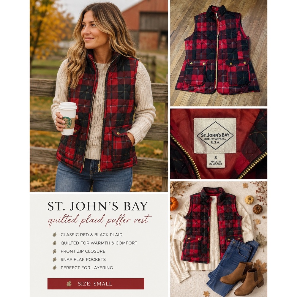 St. John's Bay Quilted Plaid Puffer Vest Women's S Red Black Tartan